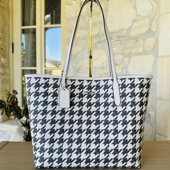 Coach City Tote with Houndstooth Print & Wristlet Set SV/Cream/Black NWT Women - Picture 2 of 10
